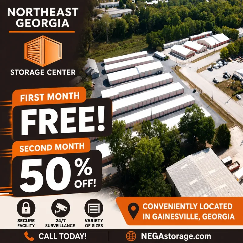 Aerial of self storage in gainesville advertising 1st month free and 50% off. restrictions apply